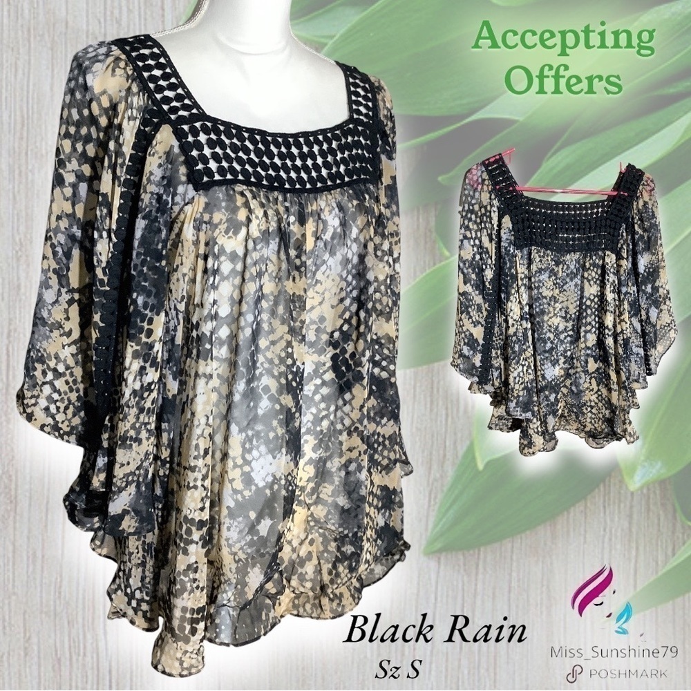 Black Rainn - Sz S - poncho style Tank top - crochet holes trim on top wavy hem